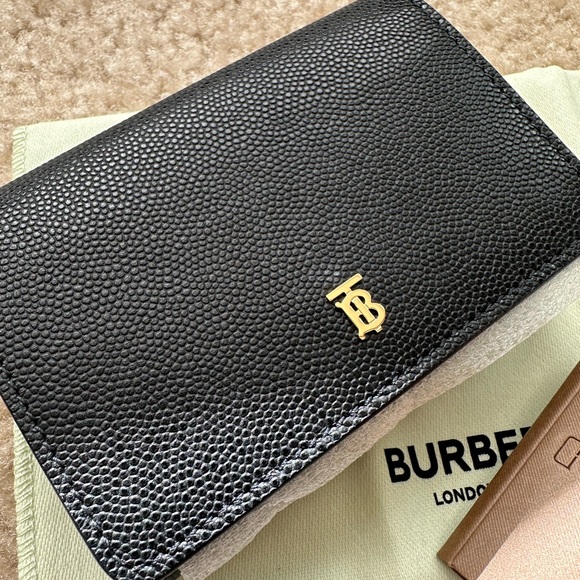 BURBERRY Grained Calfskin TB Compact Tri-Fold Wallet Black - Picture 2 of 9